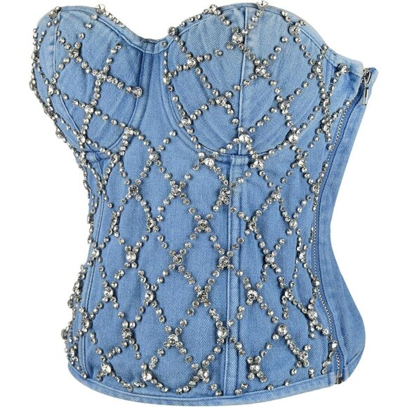 Women's Denim Corset Top Rhinestone Strapless Padded Supportive Party - Picture 2 of 8